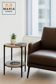 Modern Dark Wood Side Table √ê Round Coffee Table with Storage Shelf 40_40_55 cm