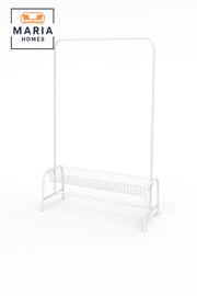 White Steel Garment Rack with Rolling Base and Wire Storage Shelf