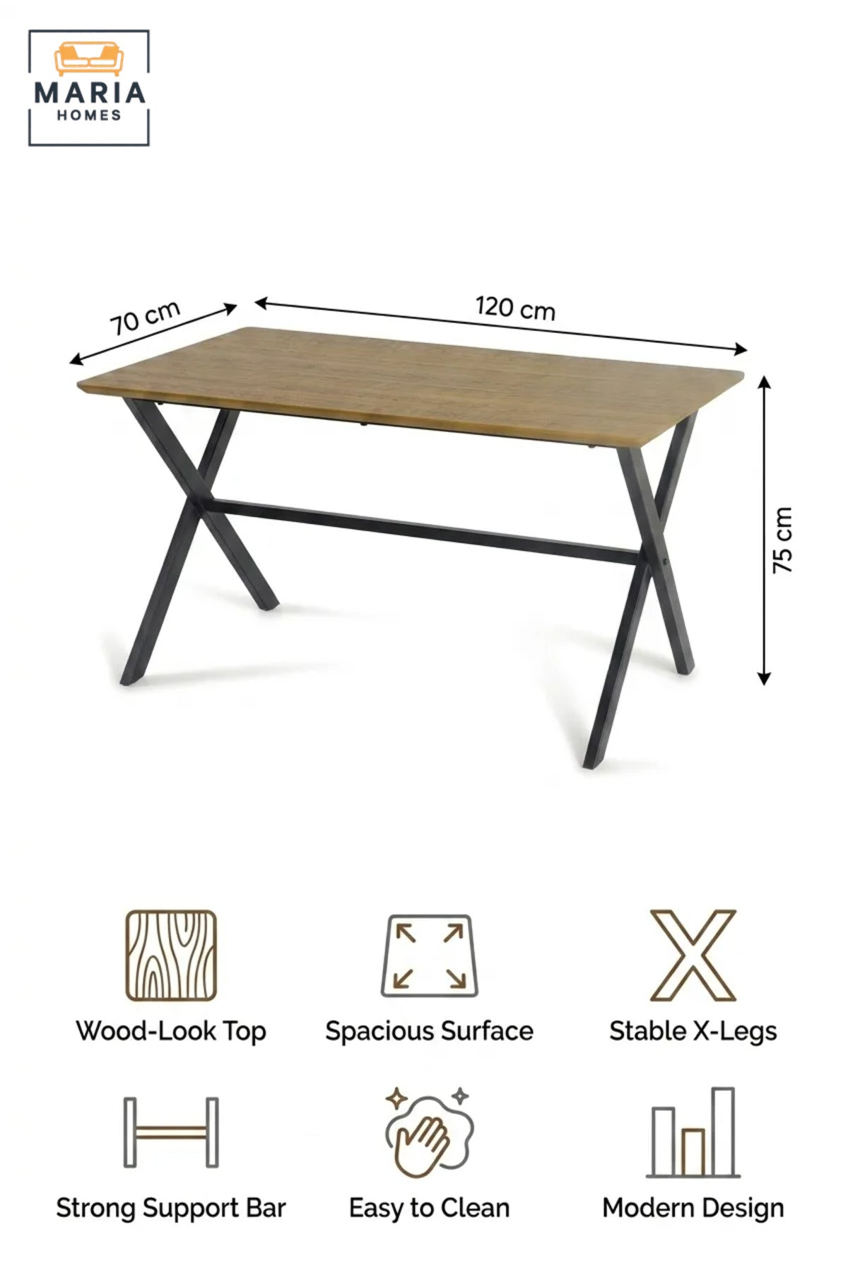 Rectangular Dining Table Only Without Chairs, 120 × 70 × 75 cm, Wood-Effect Top with Cross-Leg Frame for Dining Room, Kitchen, Apartment and Café