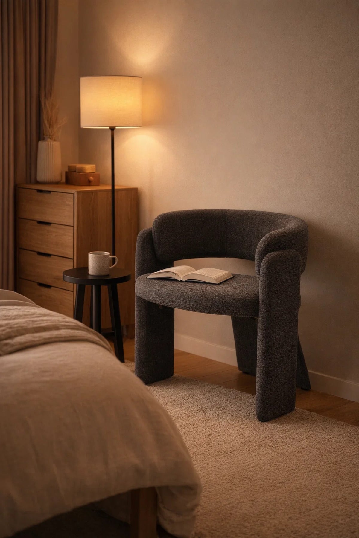 Modern Dark Grey Sculptural Upholstered Accent Chair for Living Room Dining and Home Office Use