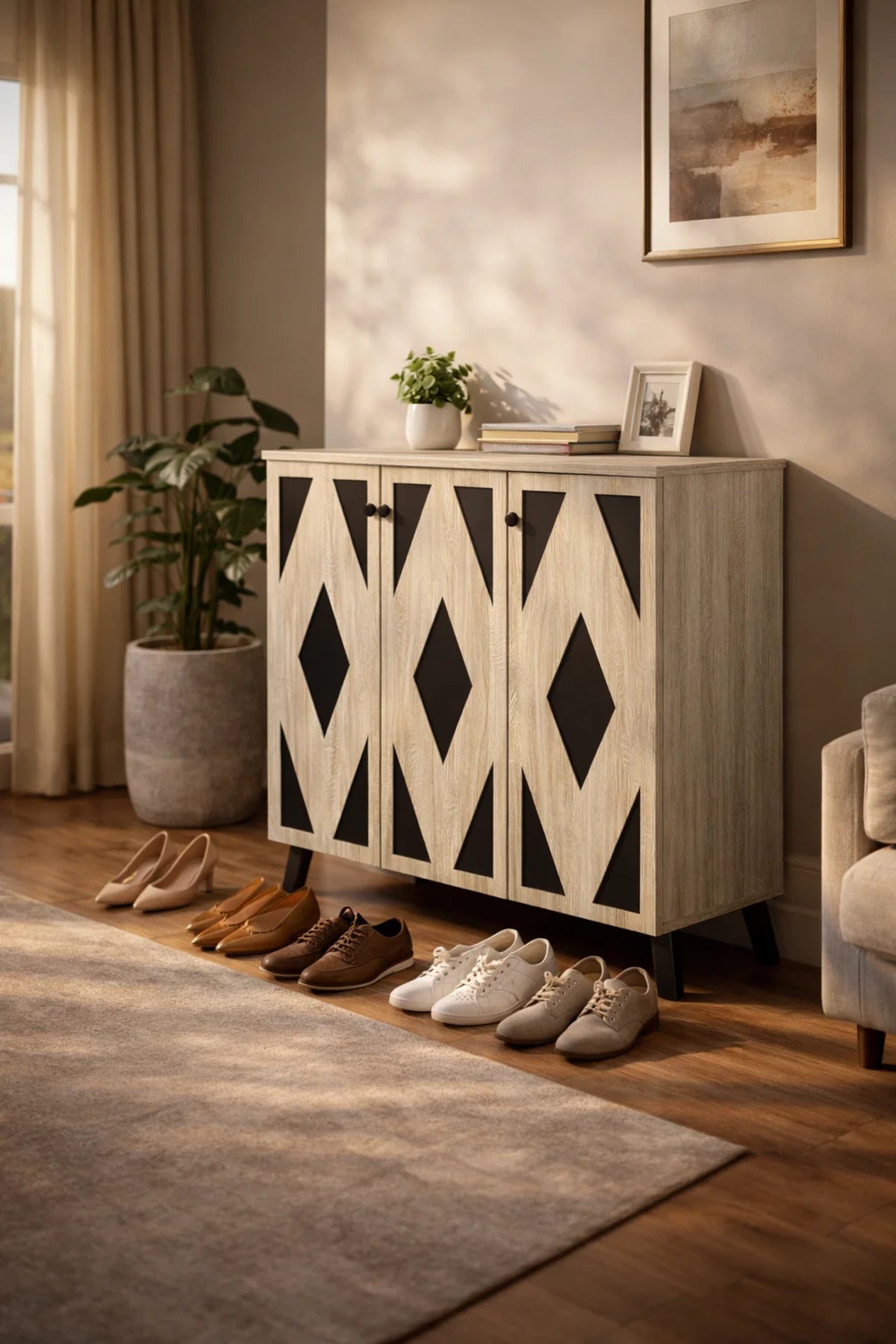 Modern 3-Door Shoe Cabinet Beige Wood Black Diamond Pattern Geometric Entryway Organizer Stand