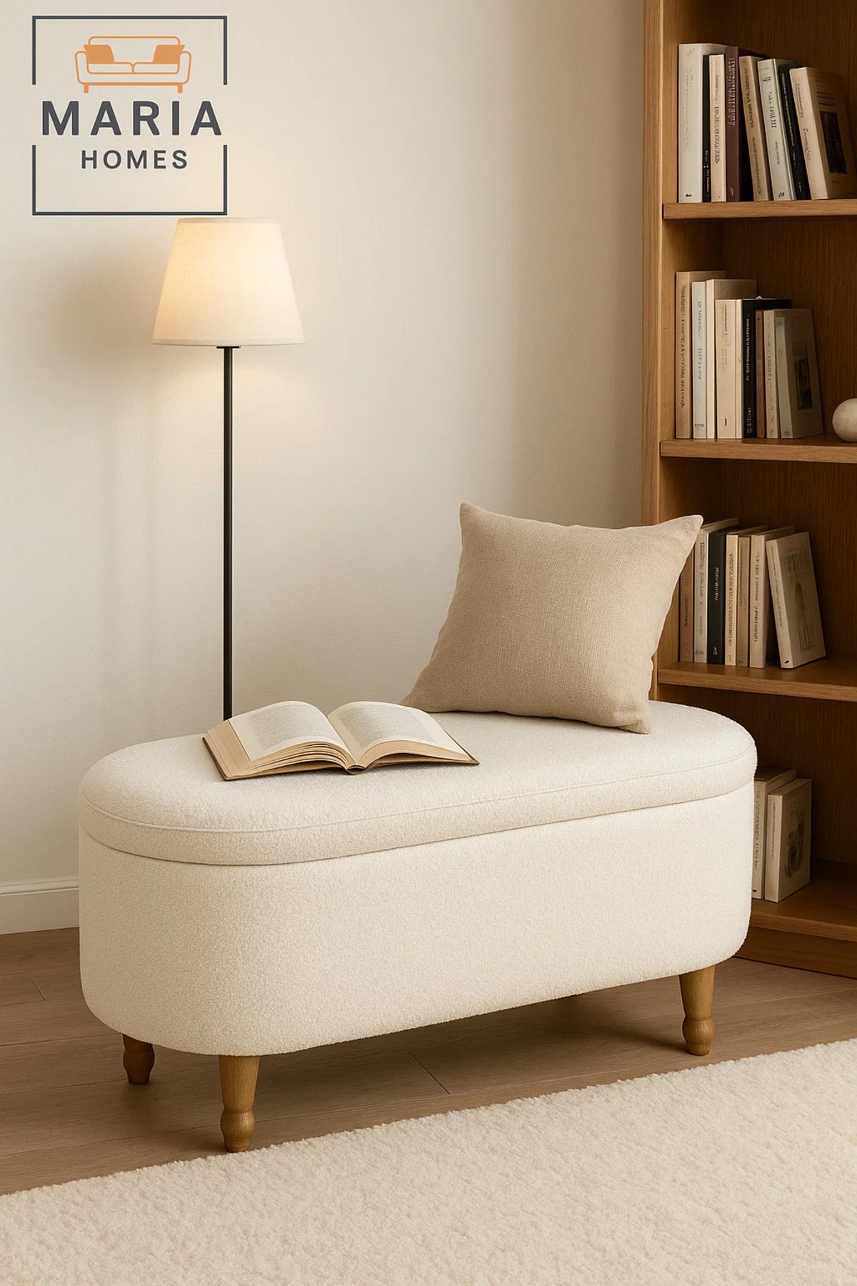 Oval White Ottoman with Soft Upholstery and Turned Wooden Legs