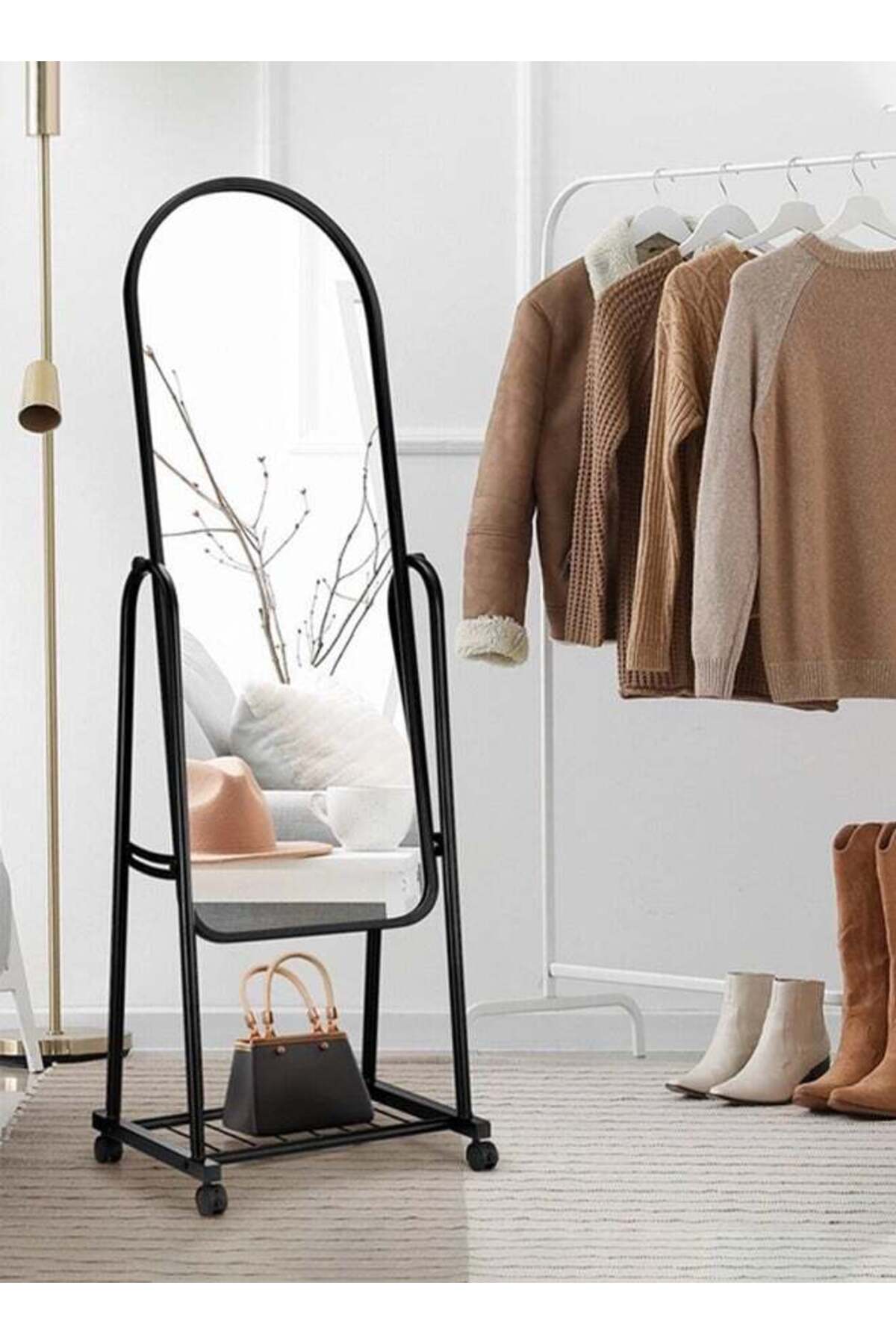Full-Length Standing Mirror with Wheels and Storage Rack Black Metal Frame for Bedroom & Entryway