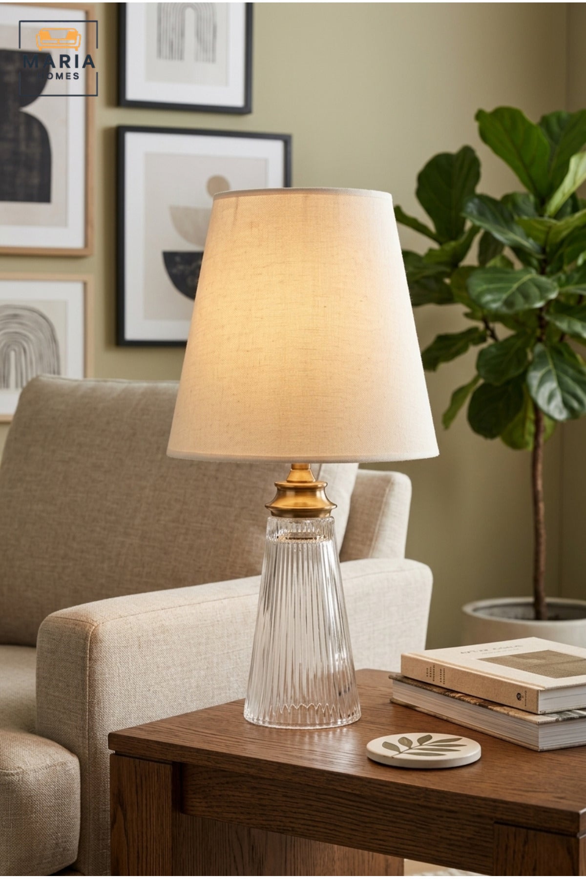 Luxury Ribbed Glass Table Lamp with White Fabric Shade and Antique Gold Tone Accent for Bedroom, Living Room, Office, Hotel and Bedside Décor