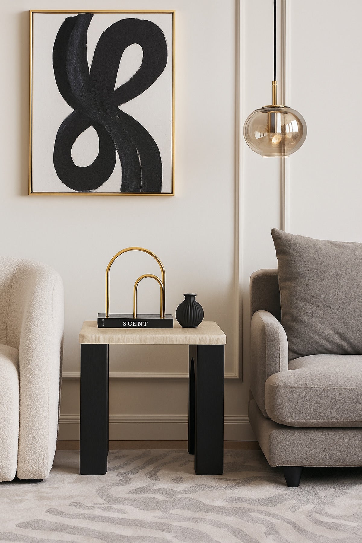 Wooden Side Table with Black Arched Legs Modern End Table for Living Room or Bedroom 50_50_55 cm
