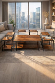 Modern Brown Coffee Table Set with 6 Side Tables and Shelf modern brown coffee Center