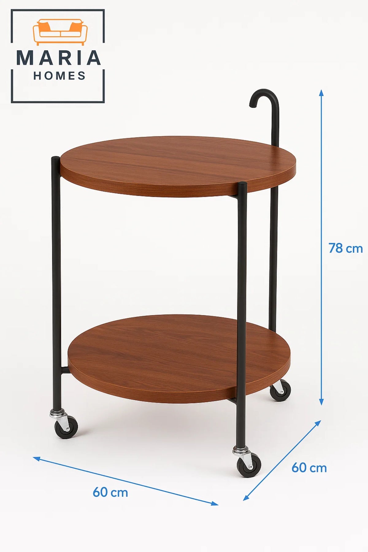 Round Wooden Bar Cart Ð 2-Tier Walnut Serving Trolley with Black Metal Frame and Caster Wheels