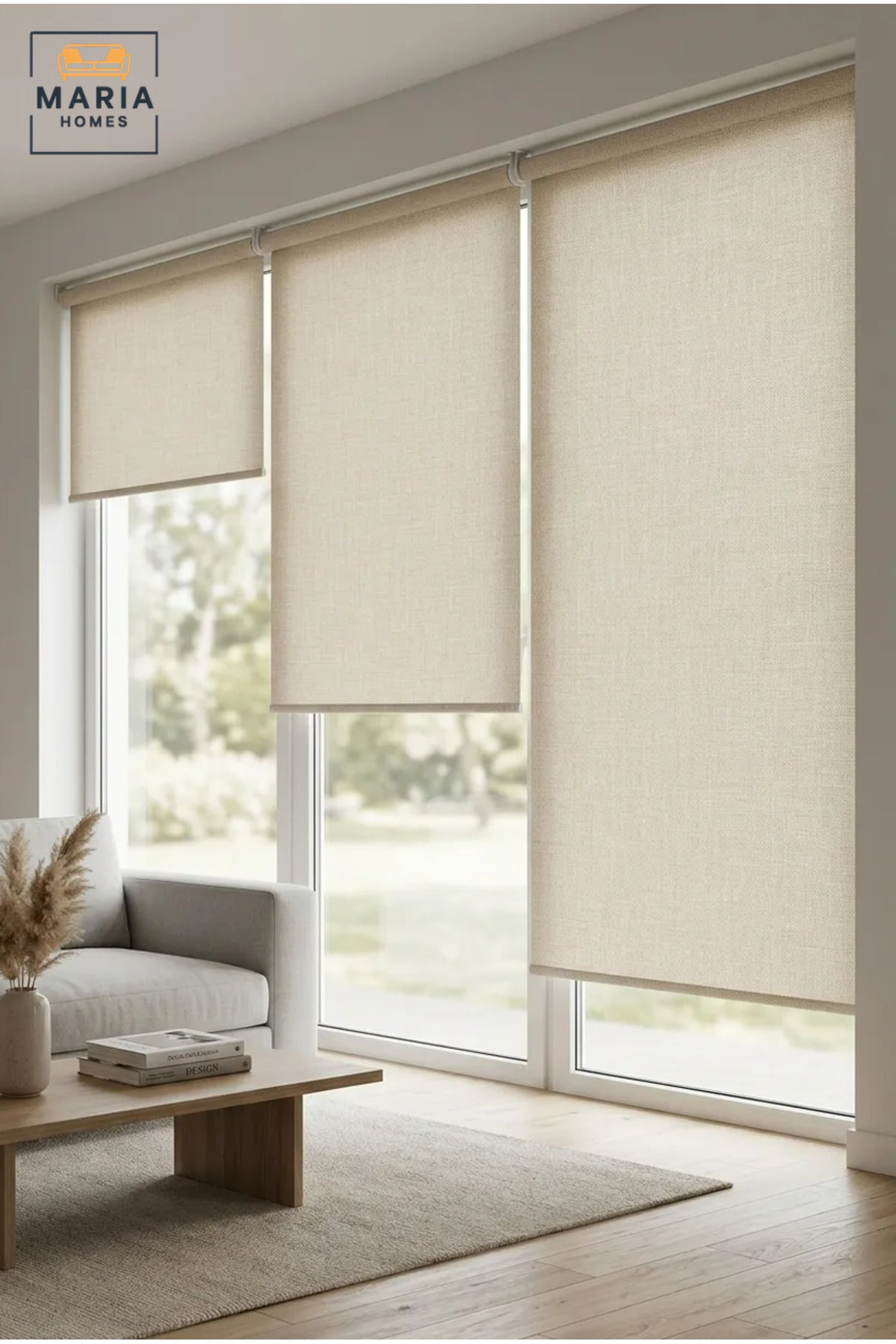 Set of 3 Roller Blinds for Windows, Modern Light Filtering Roll-Up Window Shades in 180 × 120 cm, 180 × 150 cm and 180 × 180 cm for Home and Office