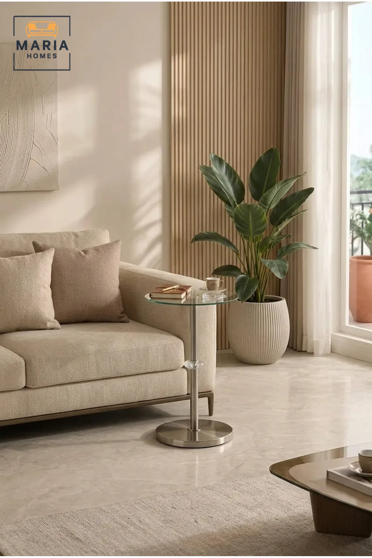 Modern Round Glass Side Table with Stainless Steel Pedestal Base