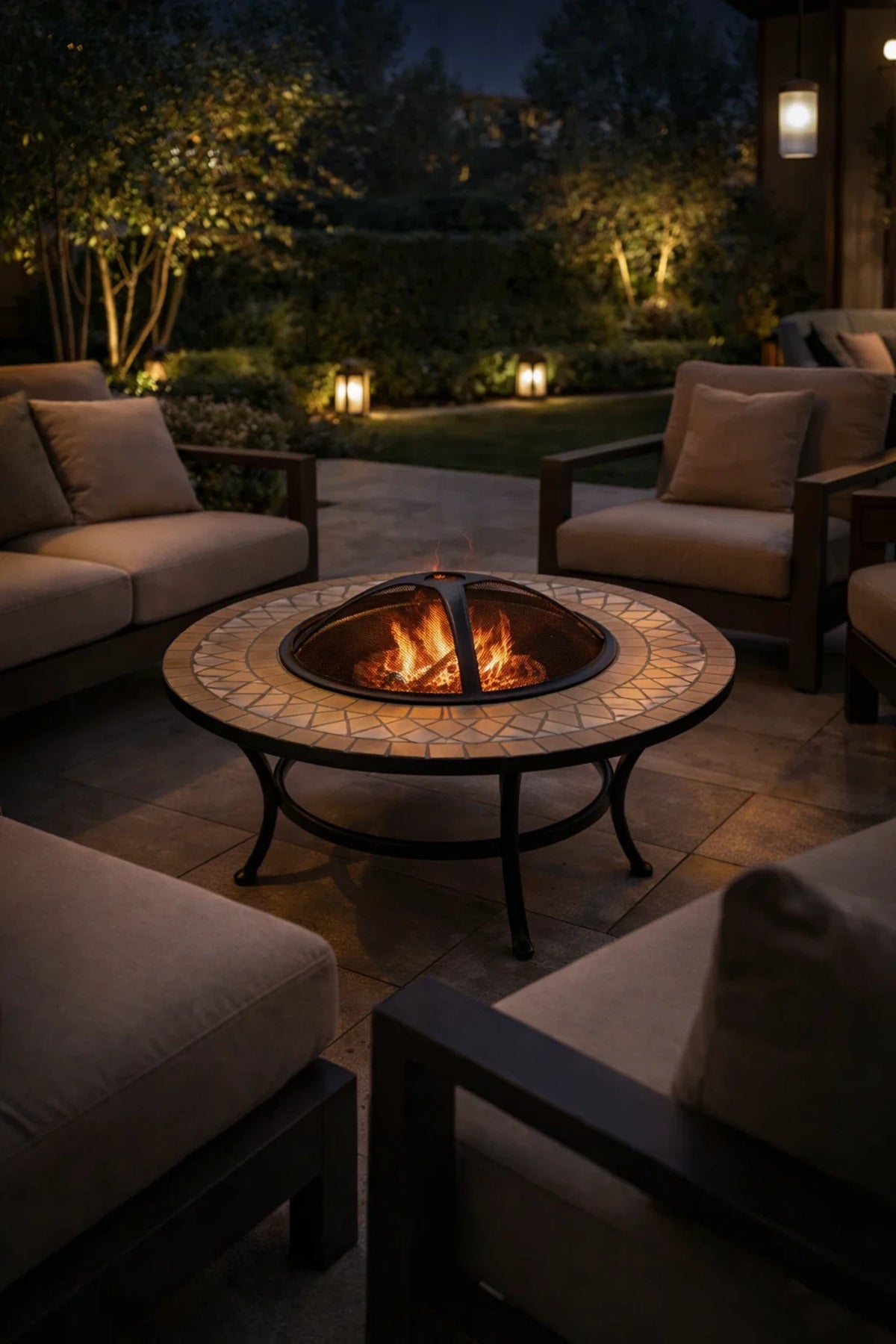Round Outdoor Mosaic Fire Pit Table Ð Stone Tile Top with Mesh Cover