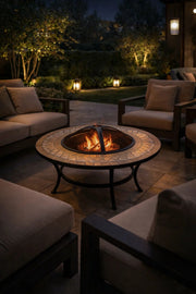 Round Outdoor Mosaic Fire Pit Table Ð Stone Tile Top with Mesh Cover