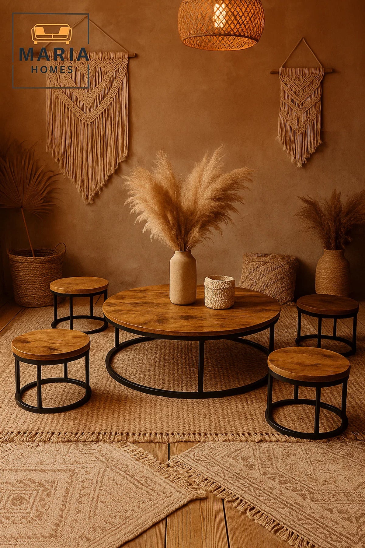 Rustic Round Coffee Table Set √ê Vintage Wood Finish with Black Metal Frame Living Room 5Piece