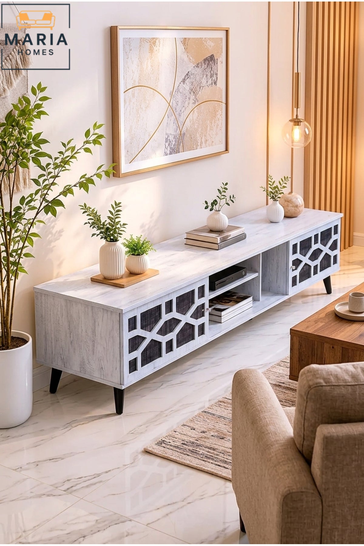 Modern TV Unit with Geometric Door Design and Open Storage √ê Contemporary Entertainment Center