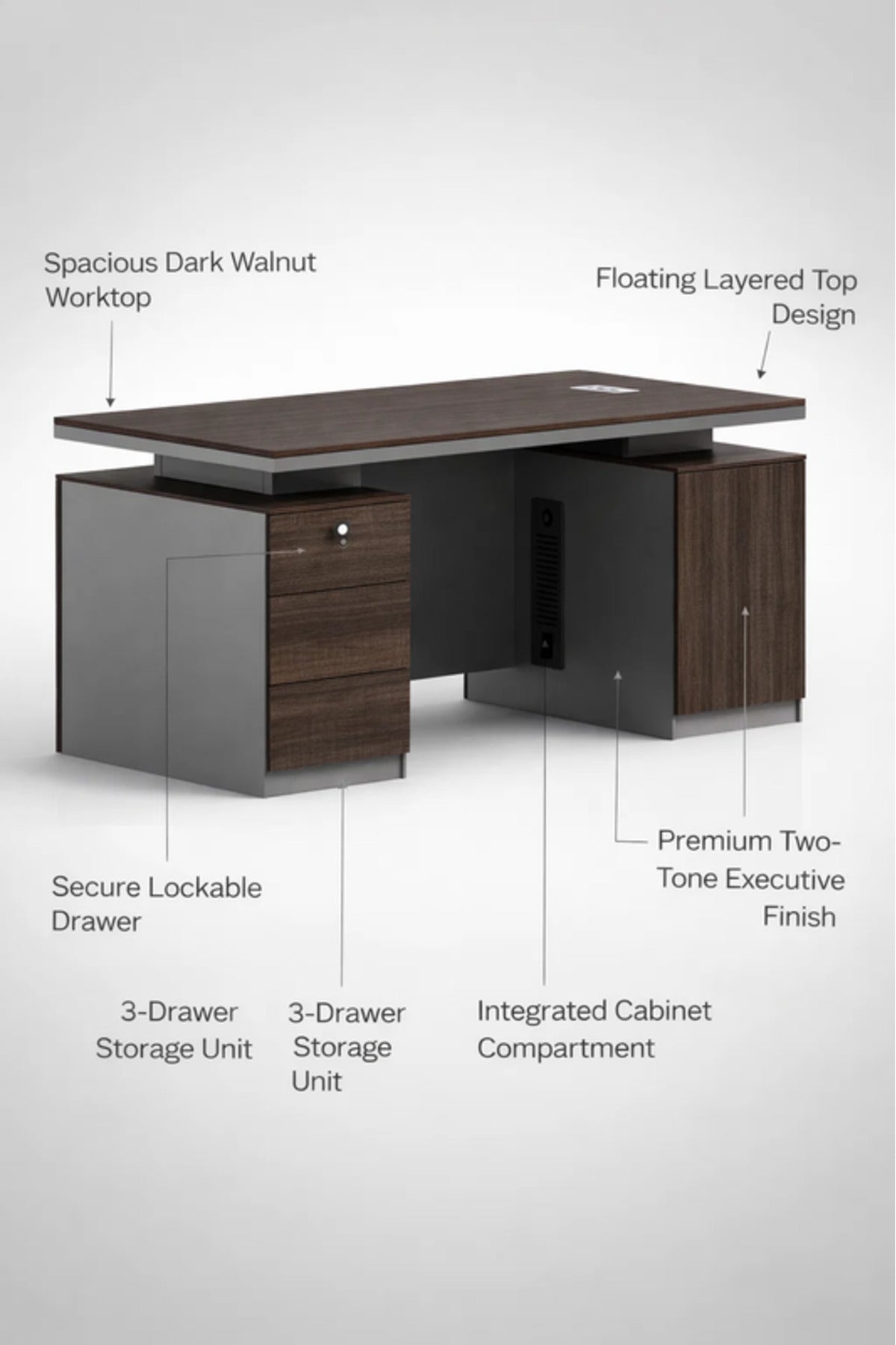 Modern DARK BROWN Executive Desk with Drawer & Cable Management
