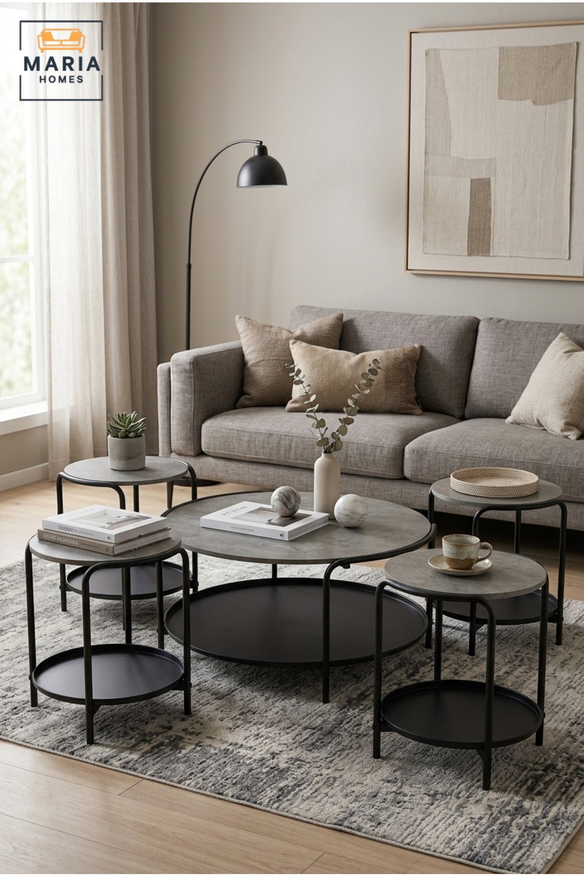 Modern Five-Piece Coffee Table Set with Round Center Table, Four Matching Side Tables and Lower Storage Shelves for Living Room, Lounge and Office