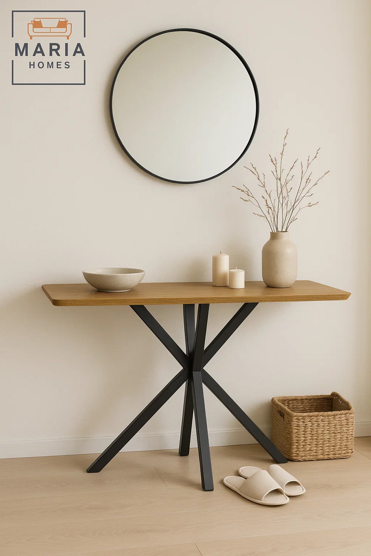 Modern Console Table 120x40x77cm with Black Metal Cross Legs and Wooden Top Ð Sleek Hallway Accent