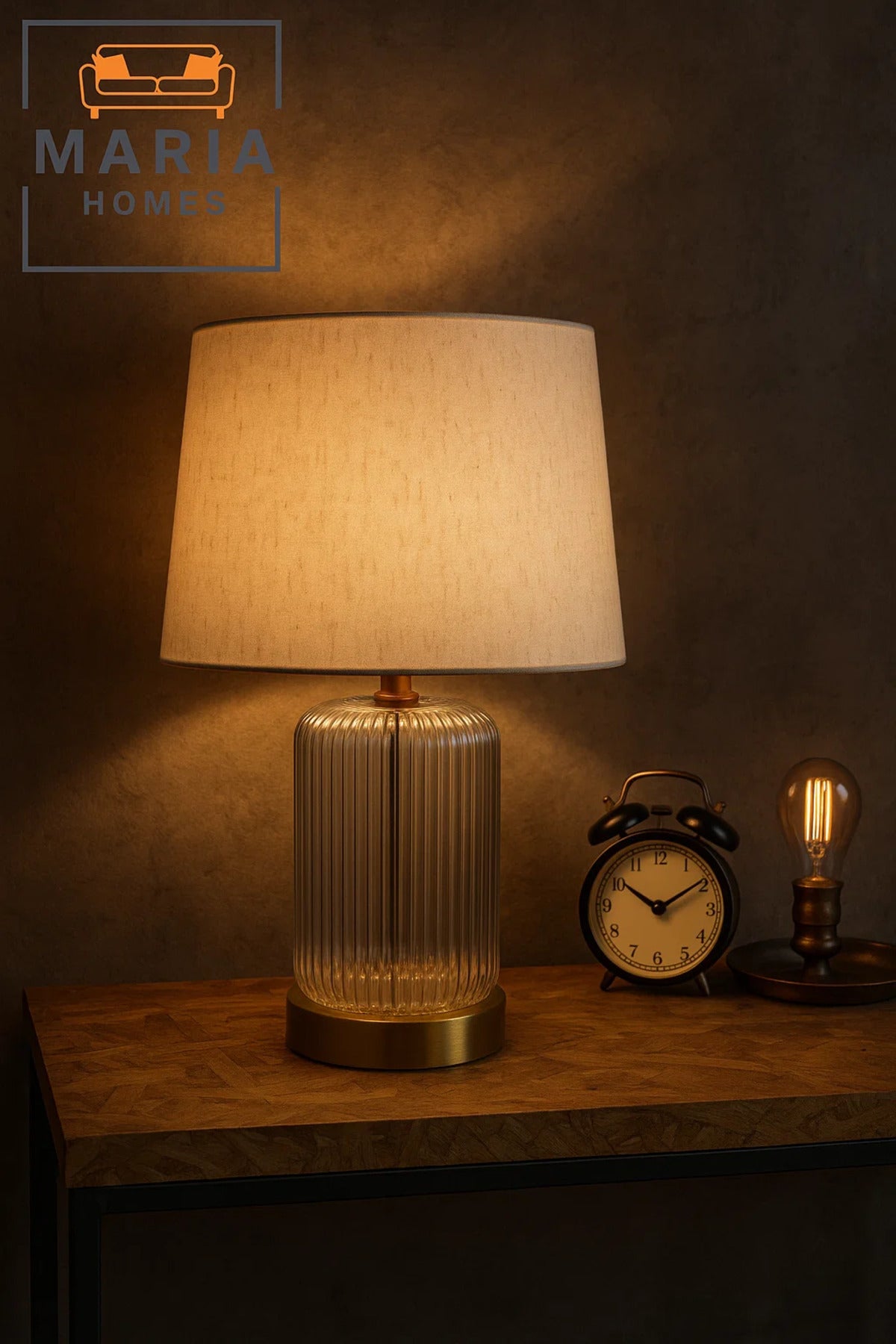 Ribbed Glass Table Lamp With Beige Shade And Gold Base For Elegant Night Lighting