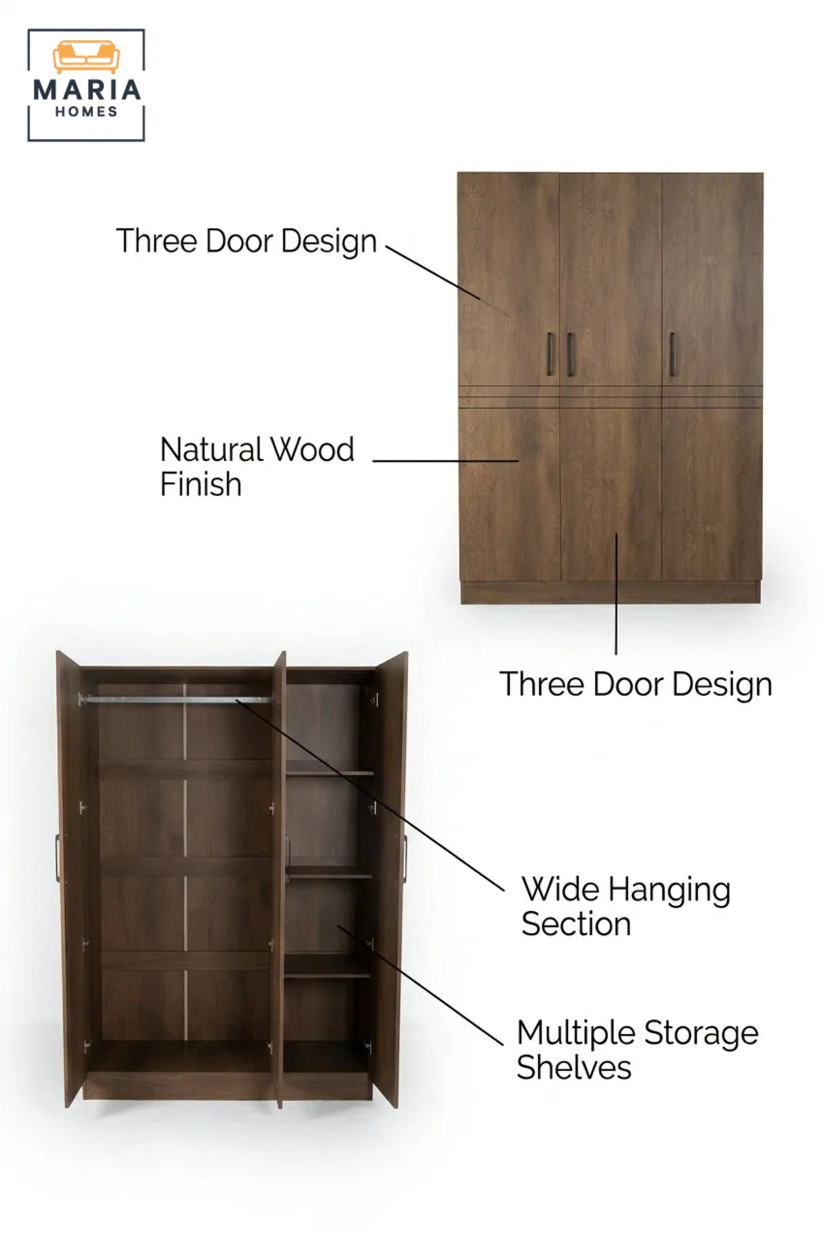 Modern 3-Door Wooden Wardrobe with Hanging Rail and Storage Shelves, Freestanding Bedroom Closet for Clothes, Accessories and Linen Organization
