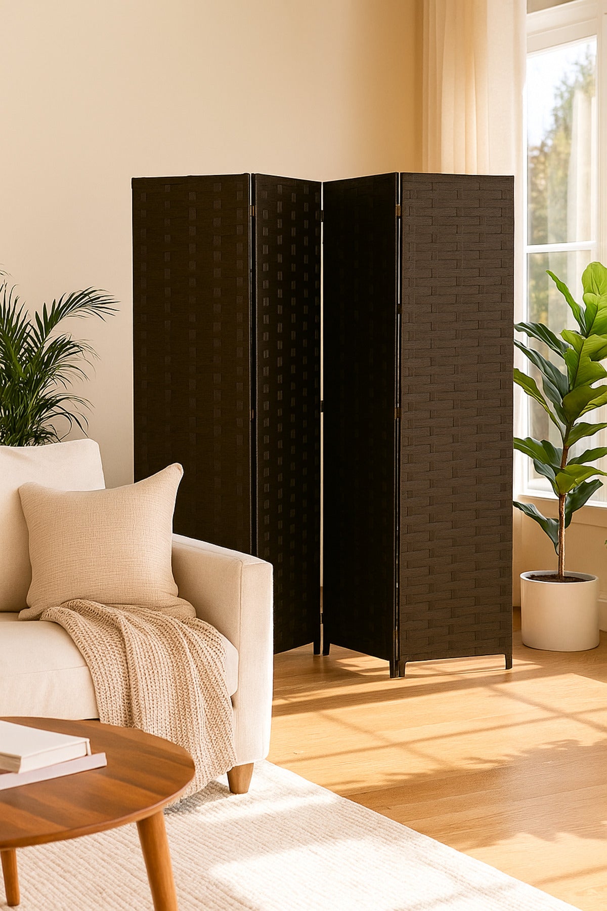 4-Panel Woven Room Divider Ð 180_180 cm Foldable Privacy Screen in Coffee Brown