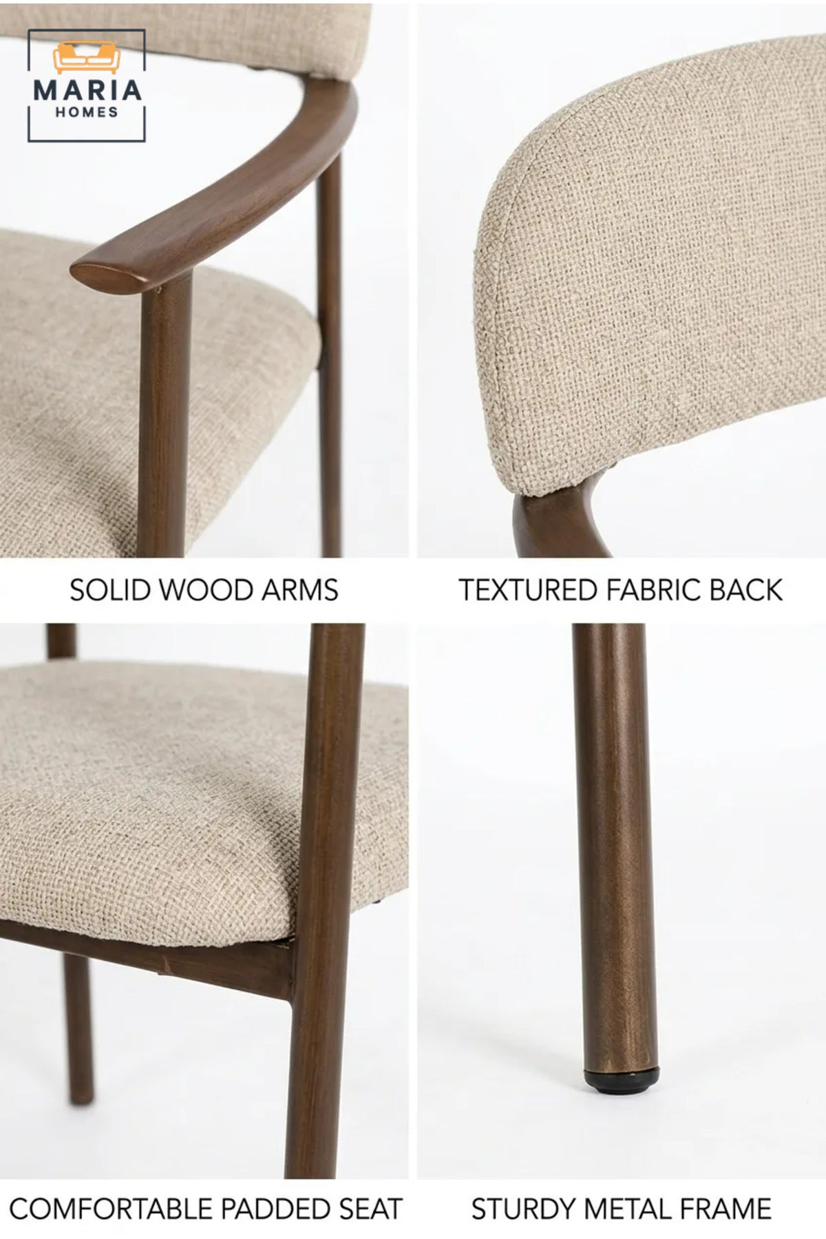 Modern Upholstered Dining Chair with Armrests, Solid Wood Frame, Fabric Seat & Backrest, Contemporary Dining Room Kitchen Chair