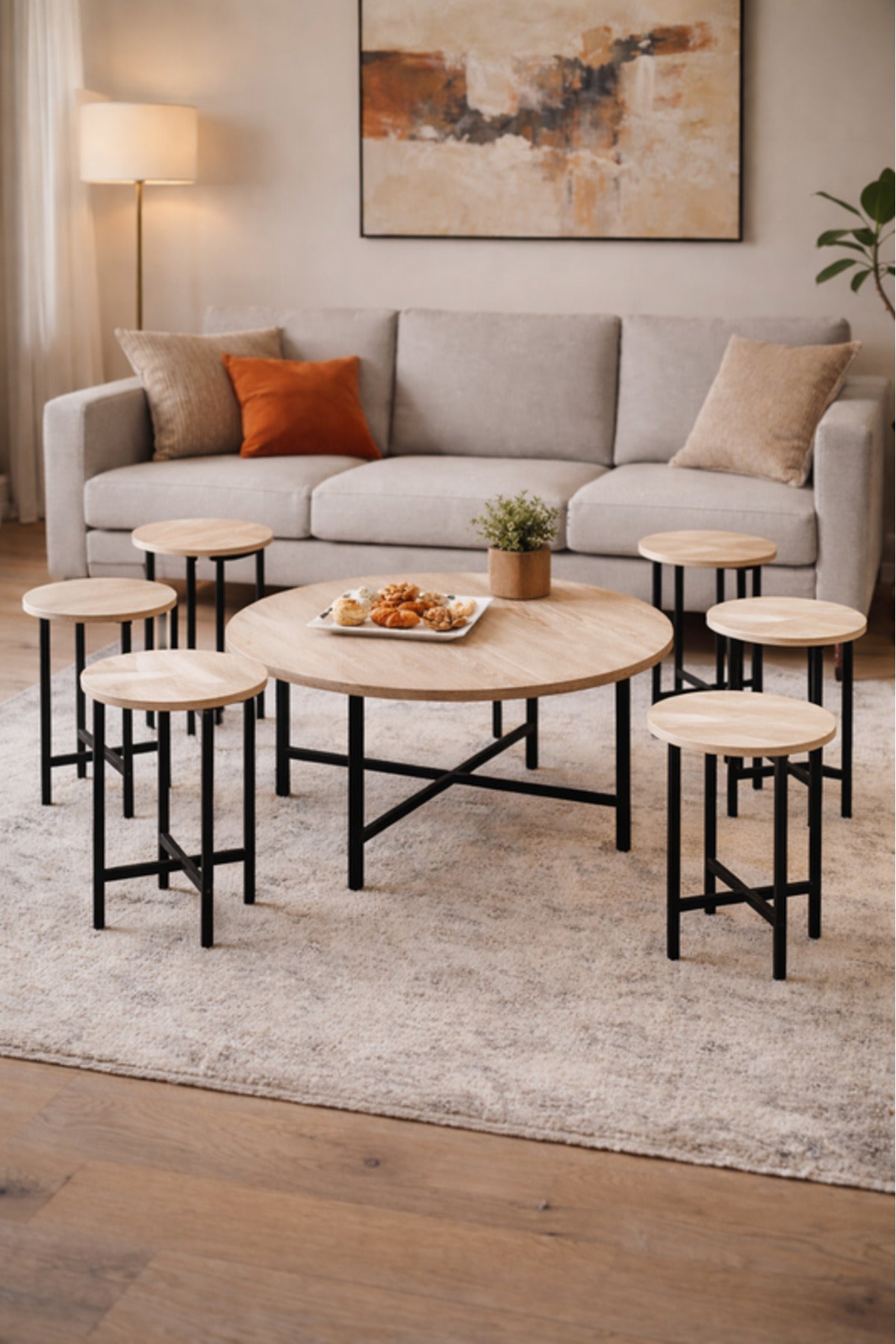 7-Piece Round Coffee Table Set Light Wood Top Black Metal Legs Modern Living Room Furniture 1+6
