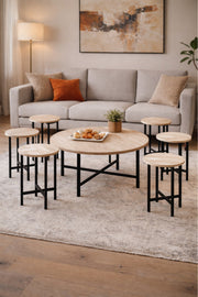7-Piece Round Coffee Table Set Light Wood Top Black Metal Legs Modern Living Room Furniture 1+6