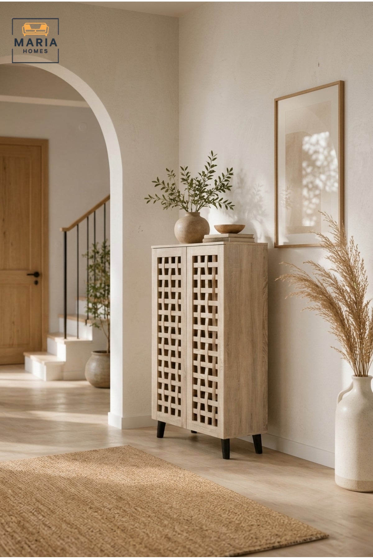 Modern Oak Storage Cabinet with Geometric Lattice Doors and Scandinavian Style