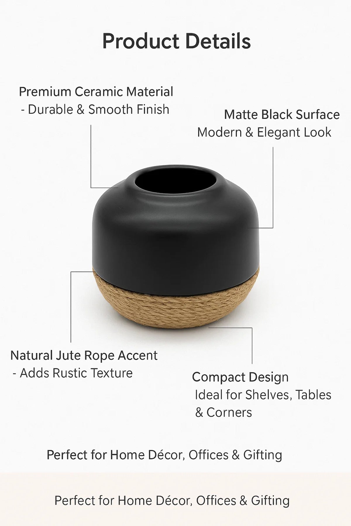 Black Ceramic Round Vase Ð Modern Rope Design Decorative Flower Pot for Home and Office DŽcor