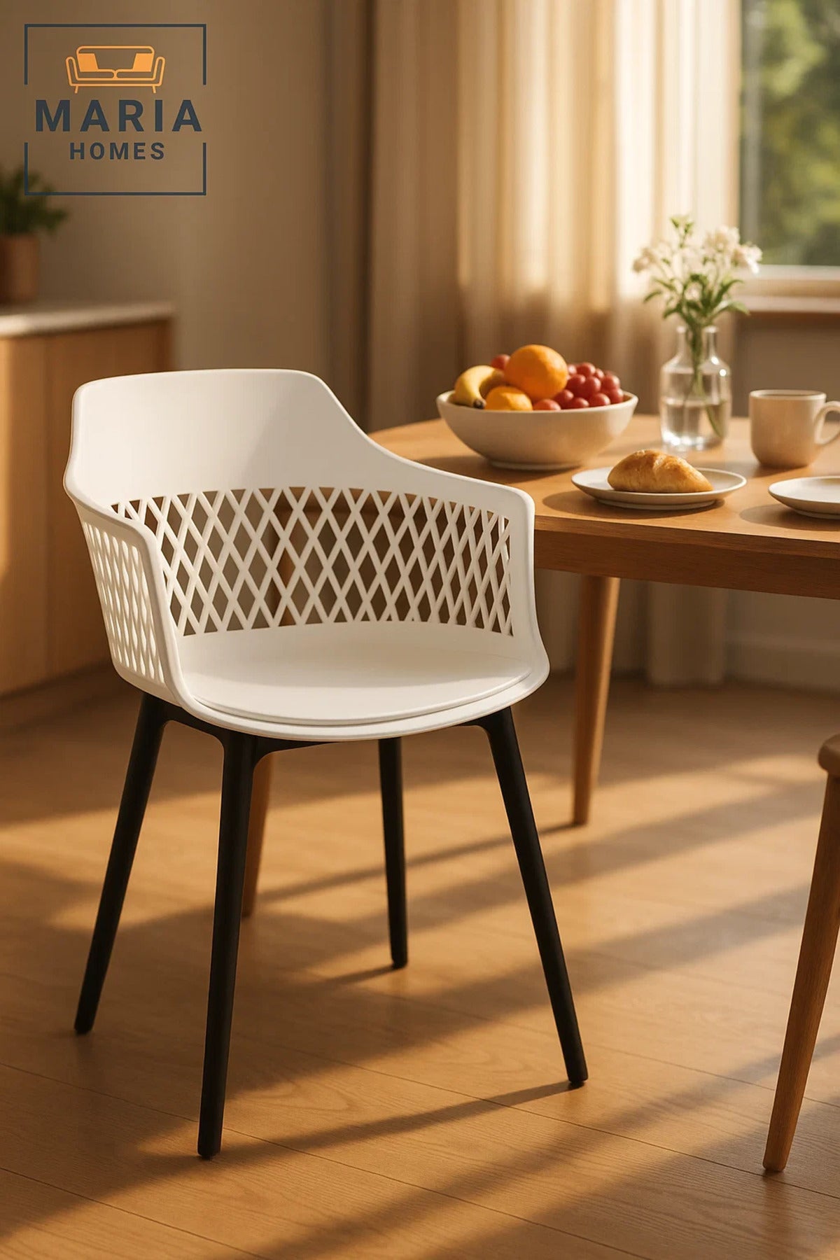 White DiamondBack Plastic Armchair Modern Indoor Outdoor Chair with Black Legs and Ventilated Design