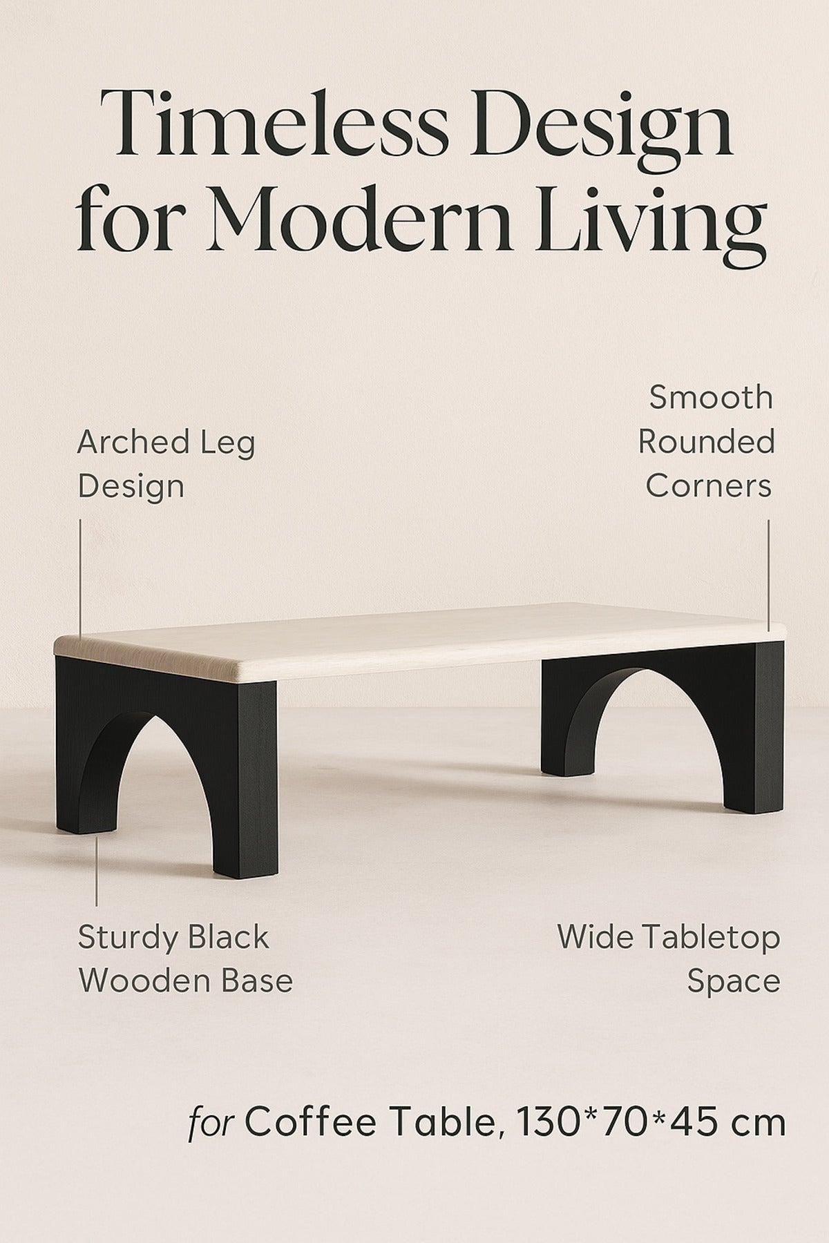 Modern Wooden Coffee Table with Black Arched Legs Elegant Center Table for Living Room 130_70_45 cm