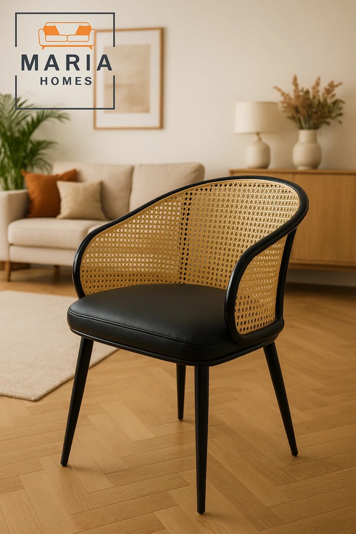 Modern Rattan Backrest Barrel Chair with Black Cushion Seat Ð Stylish Cane Accent Chair for Dining