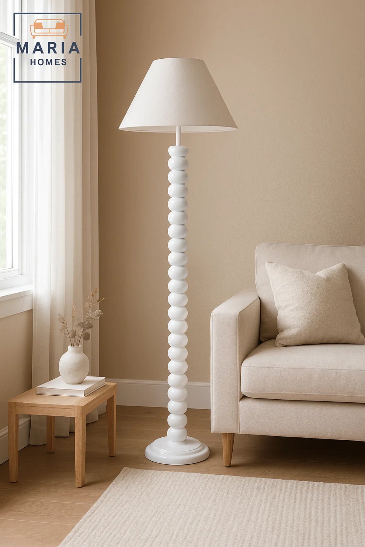 Glossy White Floor Lamp with Beaded Stand and Cone Shade