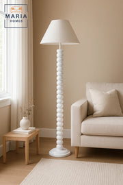 Glossy White Floor Lamp with Beaded Stand and Cone Shade