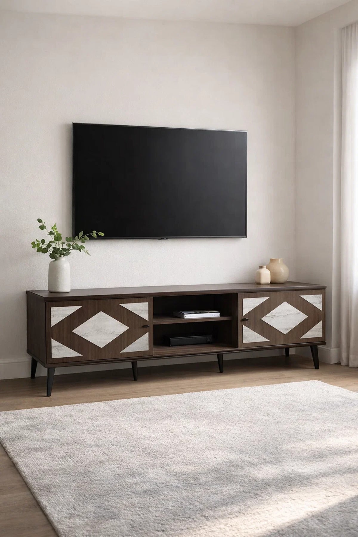 Stylish 180cm TV Unit with Geometric Pattern Doors and Open Shelves for Modern Living Rooms