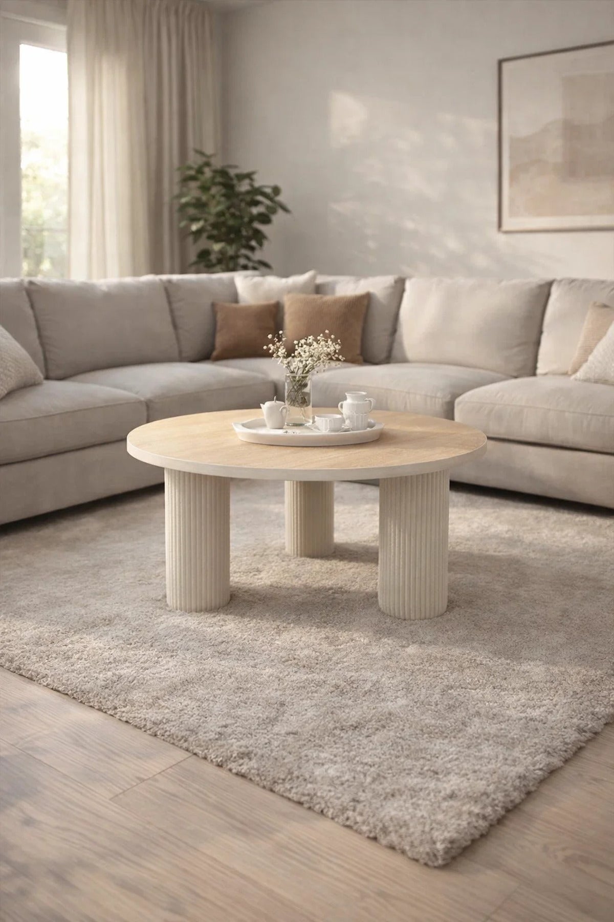 Beige & Wood Center Table 80_80_45 cm √ê Modern Round Coffee Table