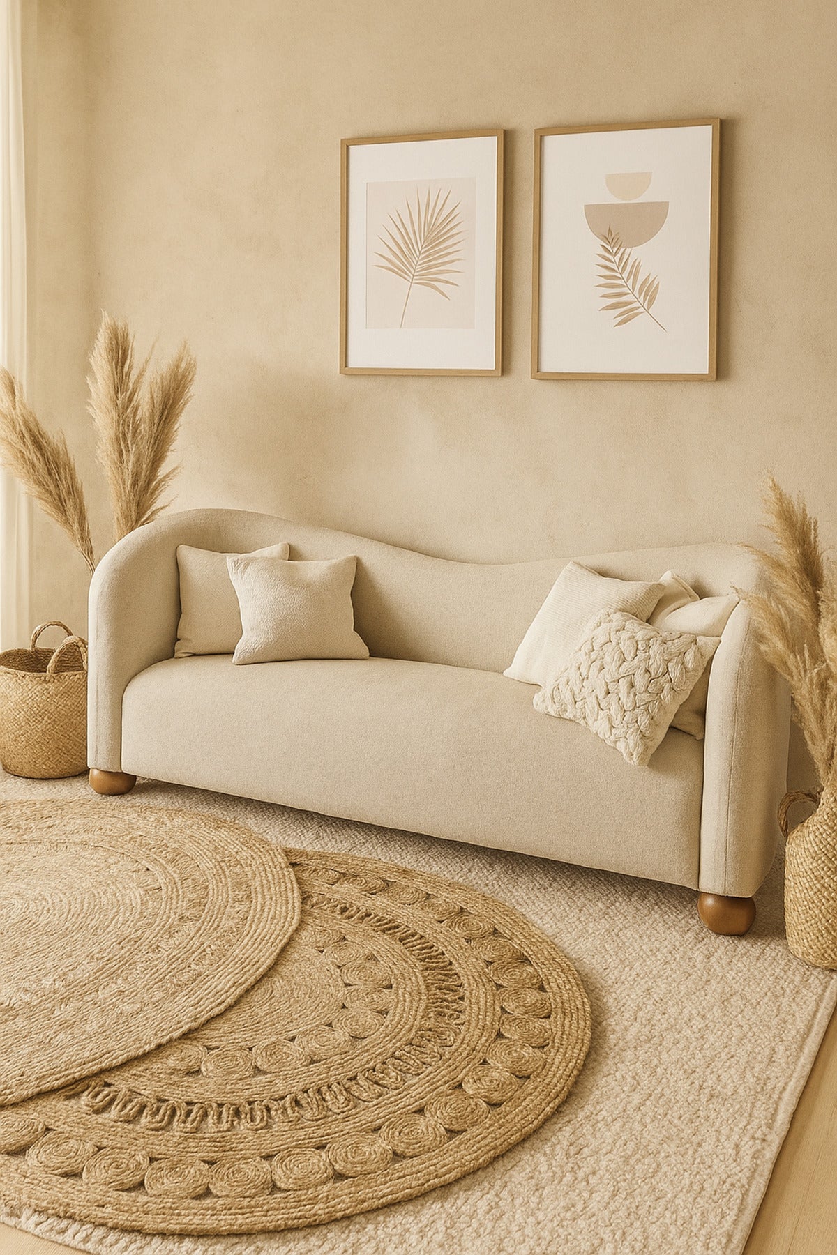 Modern Cream Curved Sofa Ð Minimalist Fabric Couch with Rounded Design and Wooden Legs
