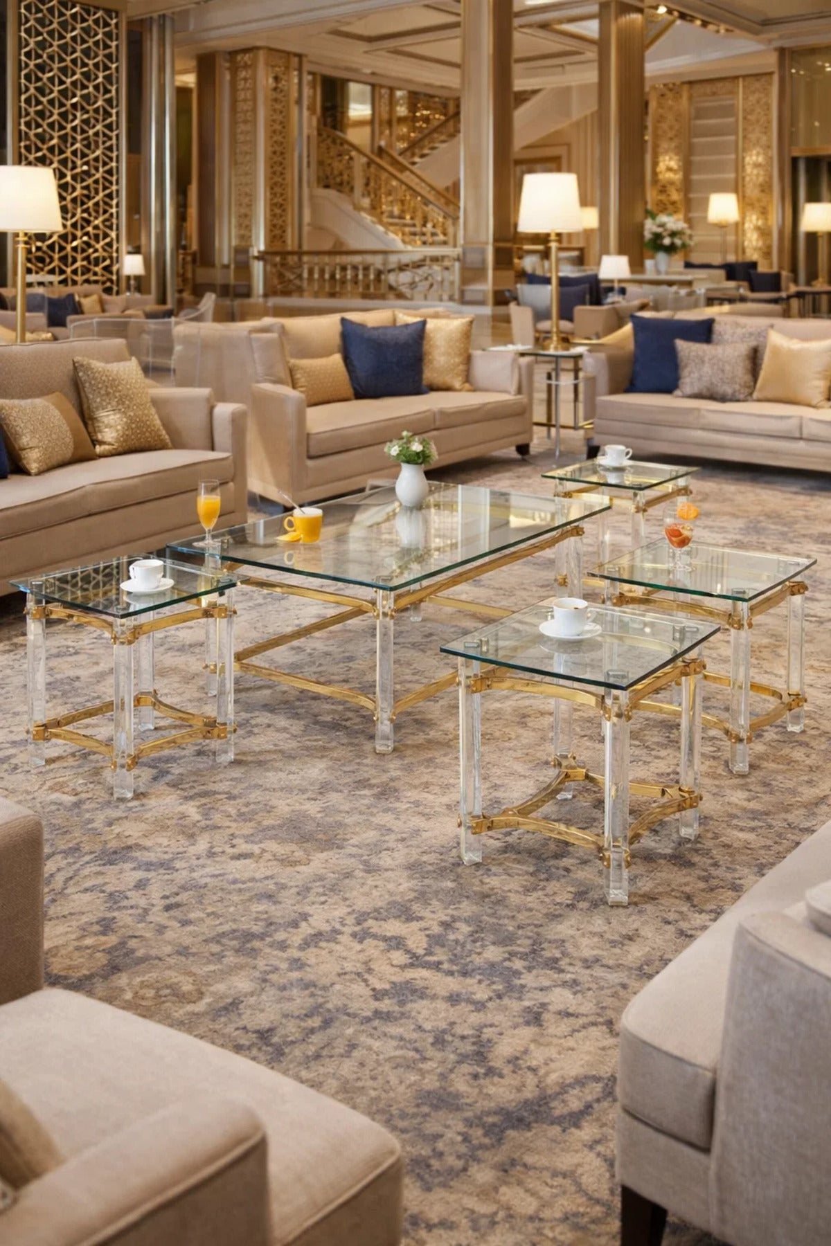 Luxury 5 Piece Acrylic Glass Table Set Gold Metal Frame Modern Living Room Furniture Set