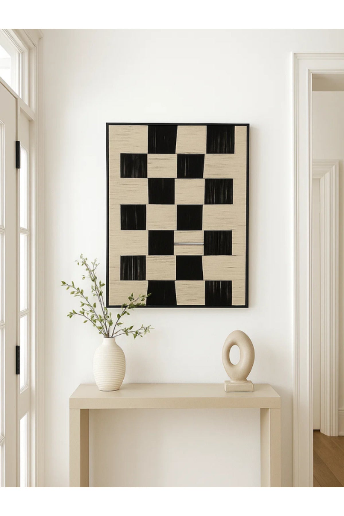 Modern Geometric Wall Art Ð 120_80 cm Beige and Black Checkered Framed Canvas DŽcor