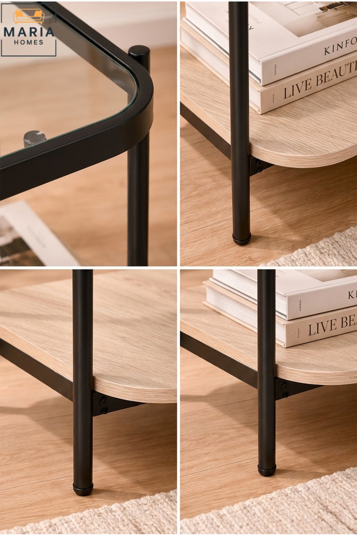 Modern Glass Side Table with Storage Shelf √ê Contemporary End Table with Black Metal Frame and Wood Shelf
