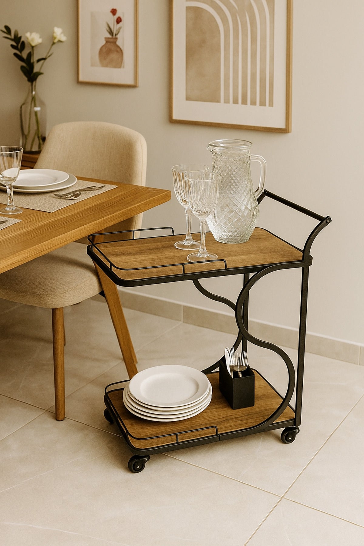 Modern Wooden Serving Trolley Ð 2-Tier Bar Cart with Black Metal Frame & Wheels