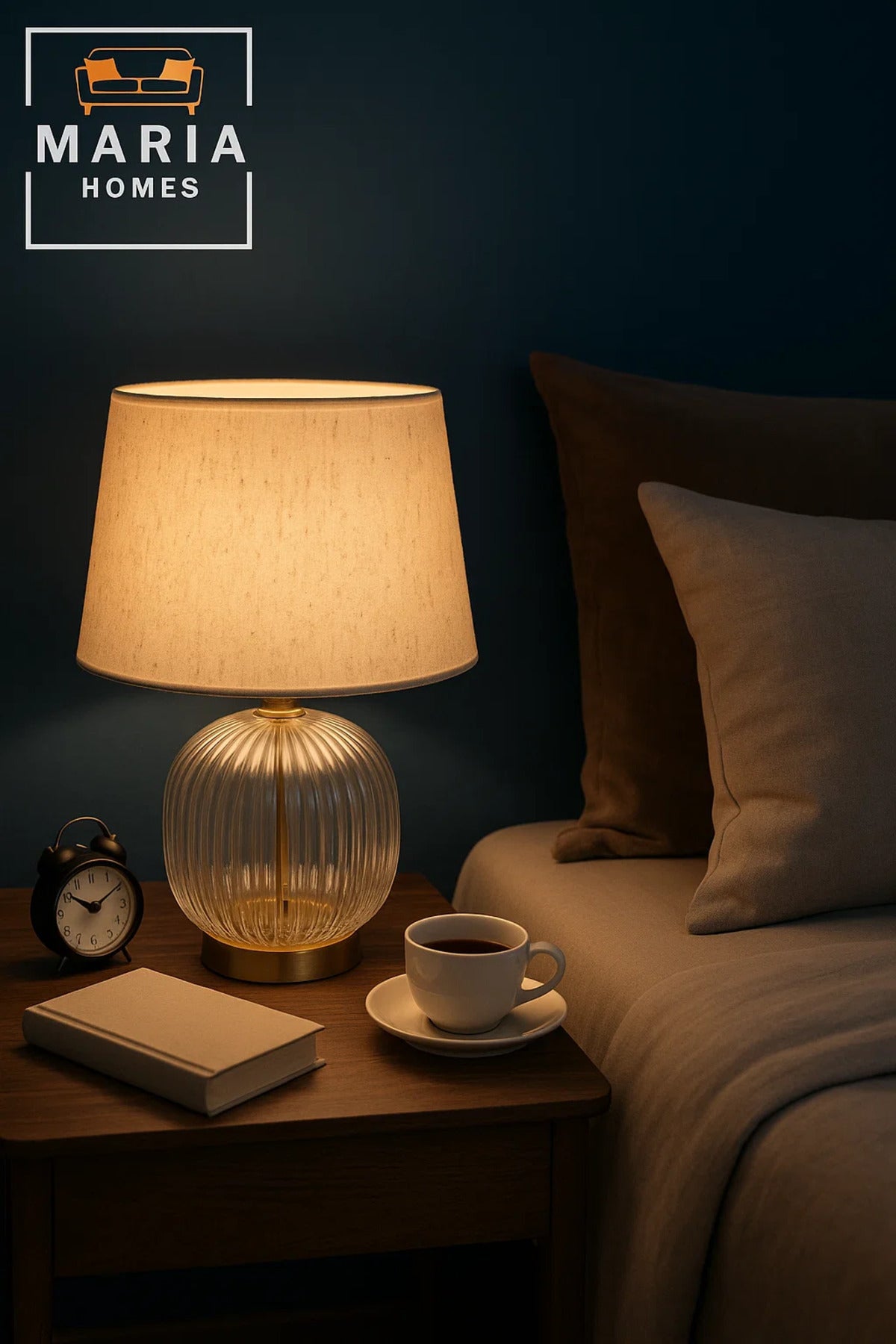 Glass Table Lamp with Ribbed Base and Fabric Shade