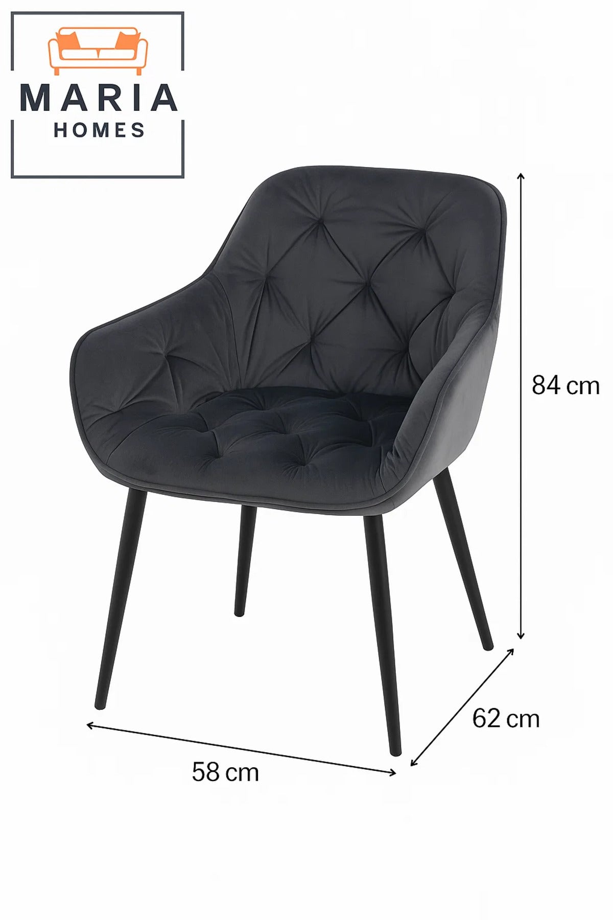 Dark Grey Velvet Tufted Armchair Ð Upholstered Lounge Chair with Black Legs for Home or Office Use