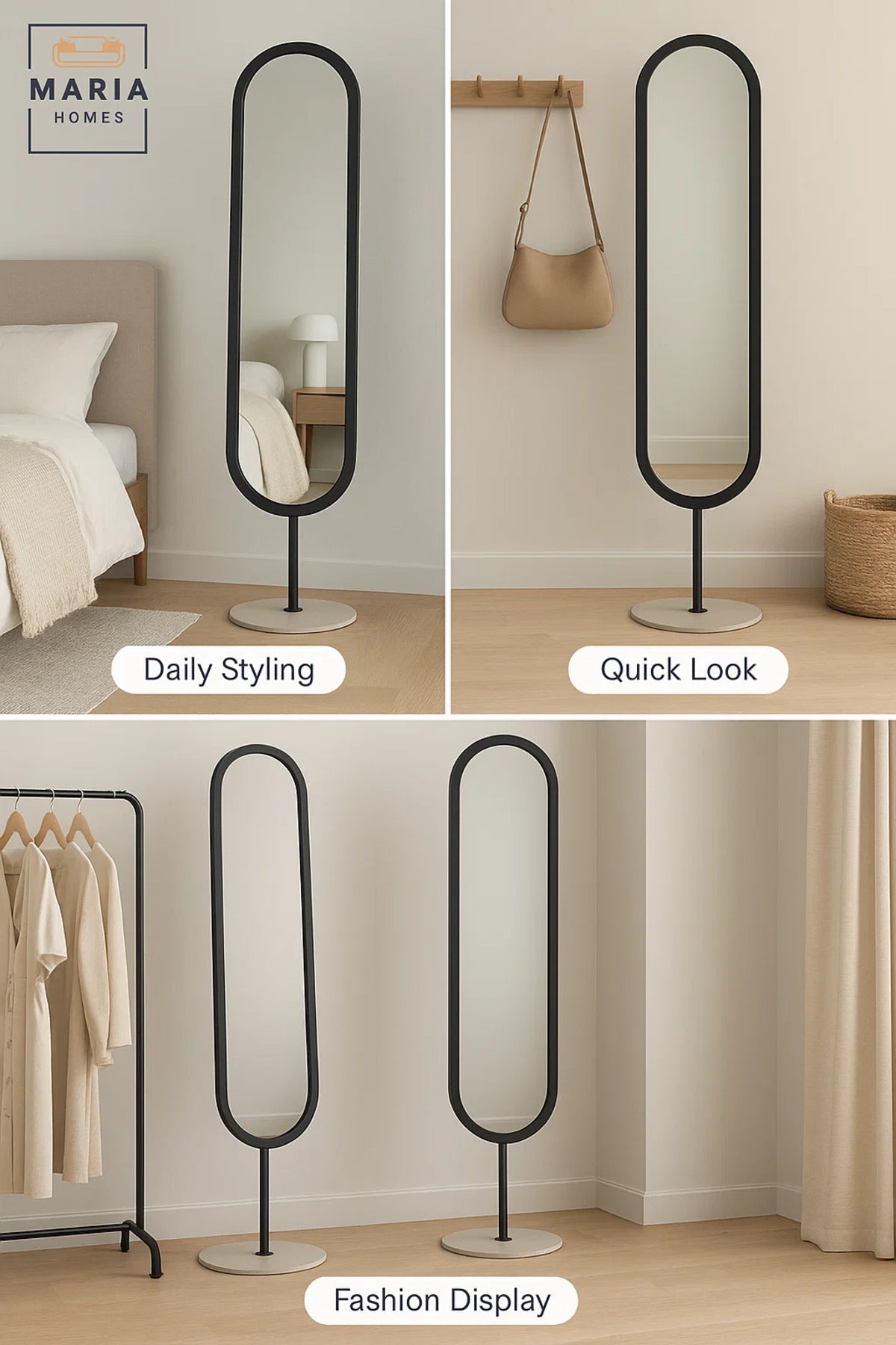 Modern Black Oval Standing Mirror Ð Full-Length Floor Mirror with Metal Frame, 169x40 cm