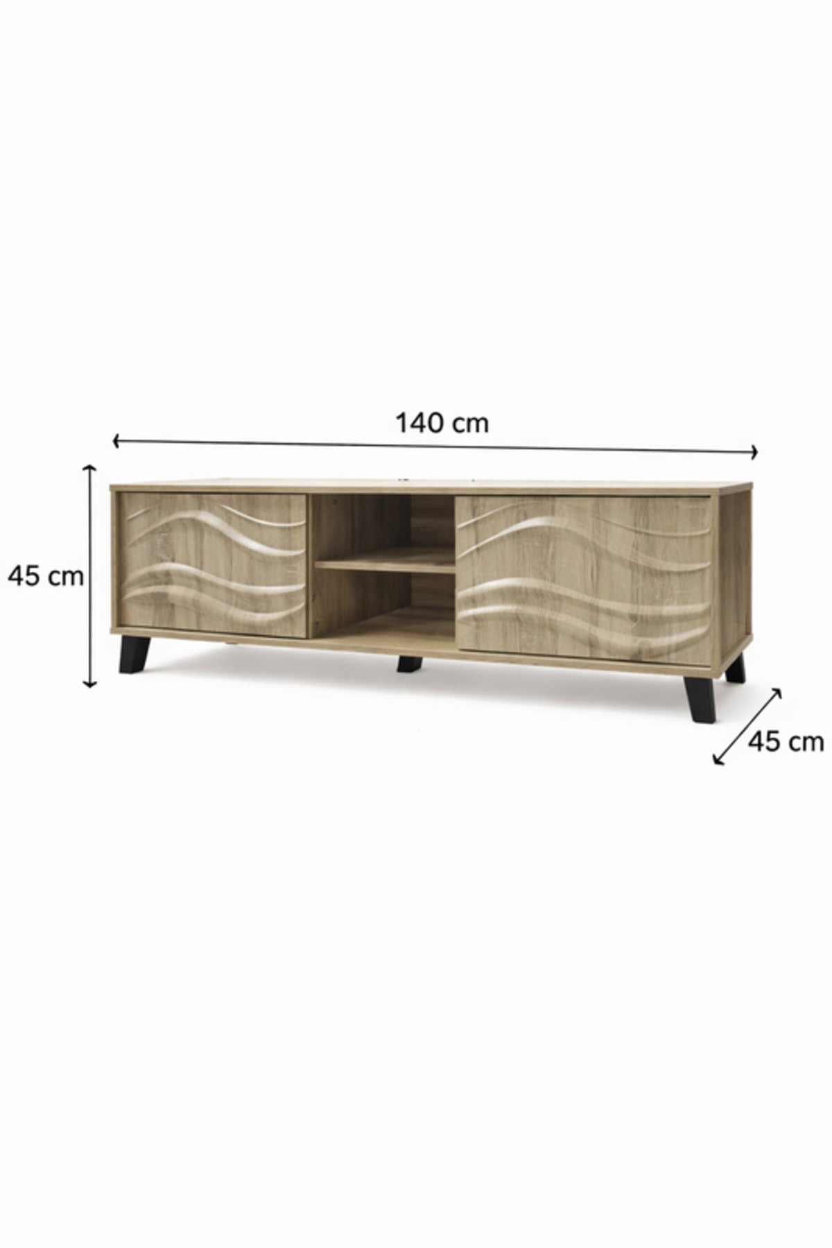 Modern Wood Finish TV Stand with Wave Design and Storage Shelves