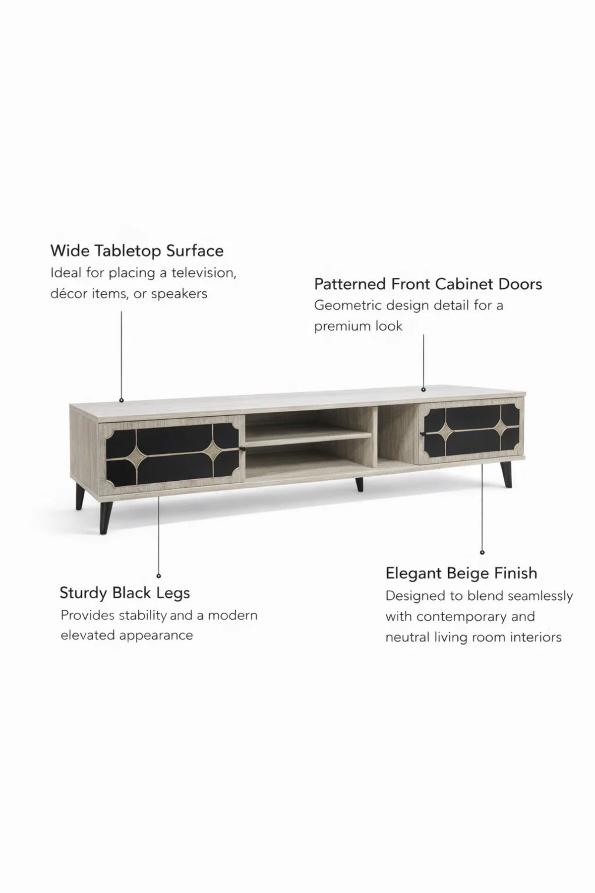 Stylish Beige TV Stand Console 200cm with Black Decorative Doors for Modern Home Living Room