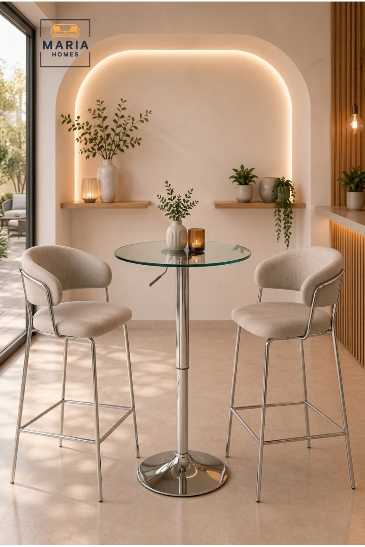 Modern Round Bar Table Glass Top Bistro Table Caf≈Ω High Table with Chrome Pedestal Base