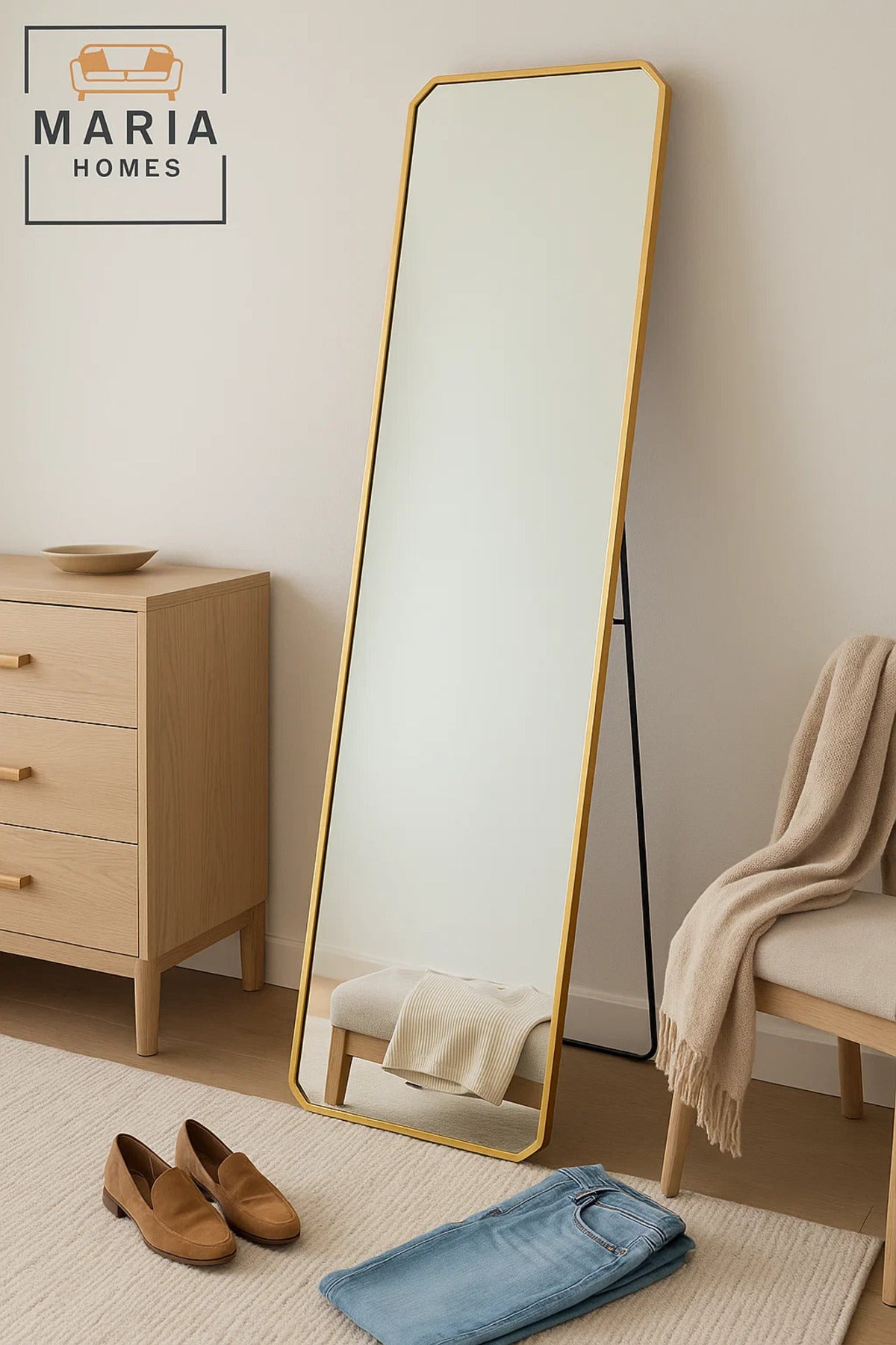 Gold Full-Length Standing Mirror with Angled Corners Ð 160x40cm Elegant Bedroom Dressing Mirror