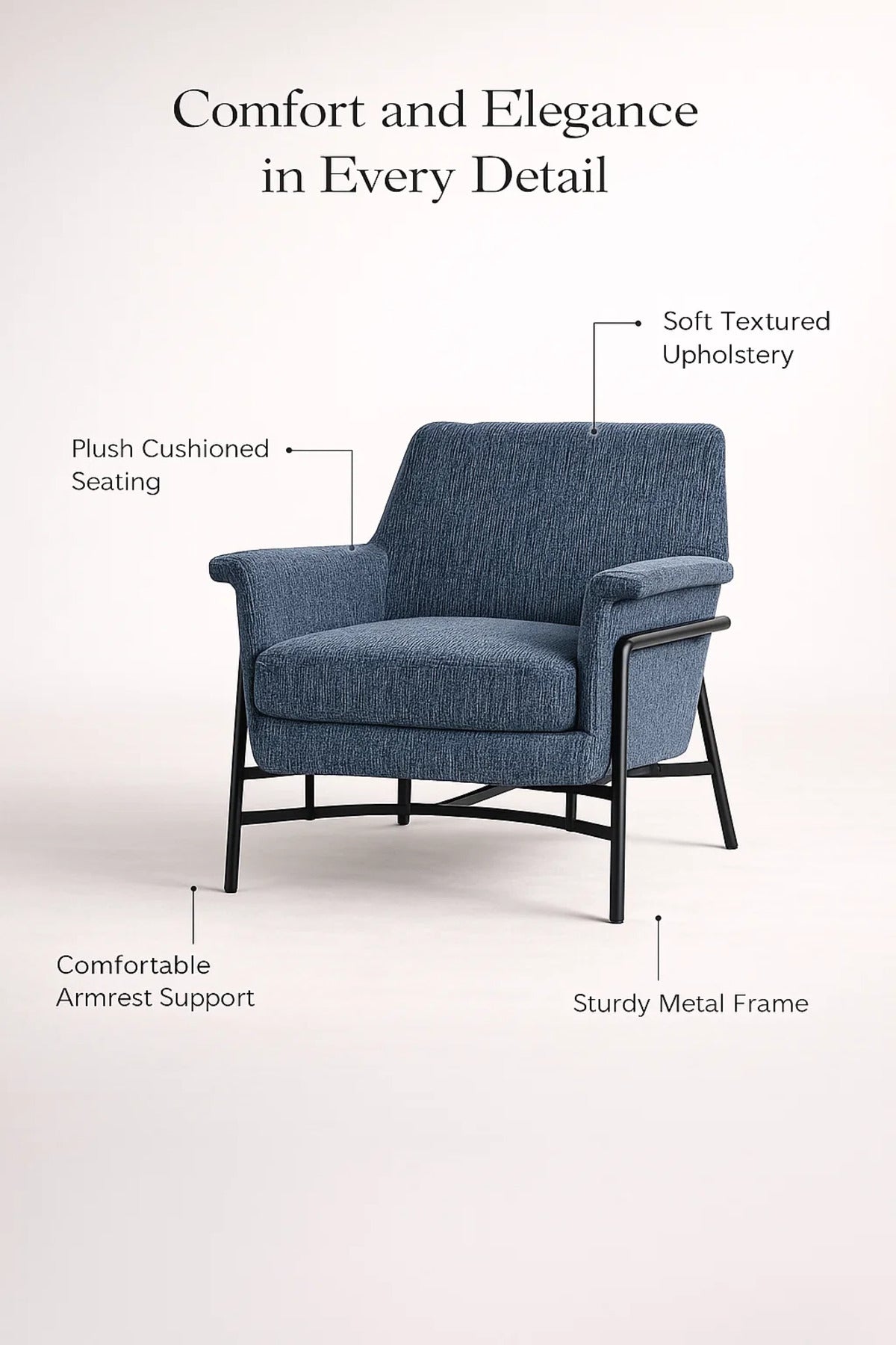 Modern Upholstered Armchair Blue Comfortable Accent Chair with Metal Frame