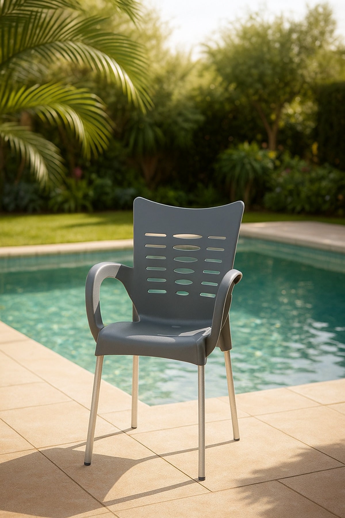 Modern Gray Plastic Outdoor Armchair for Garden, Patio & Balcony Stylish Comfortable Design Chair