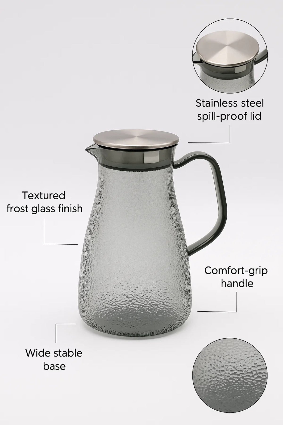 Textured Glass Water Pitcher with Stainless Steel Lid Ð 1.8 Liter, Elegant Design